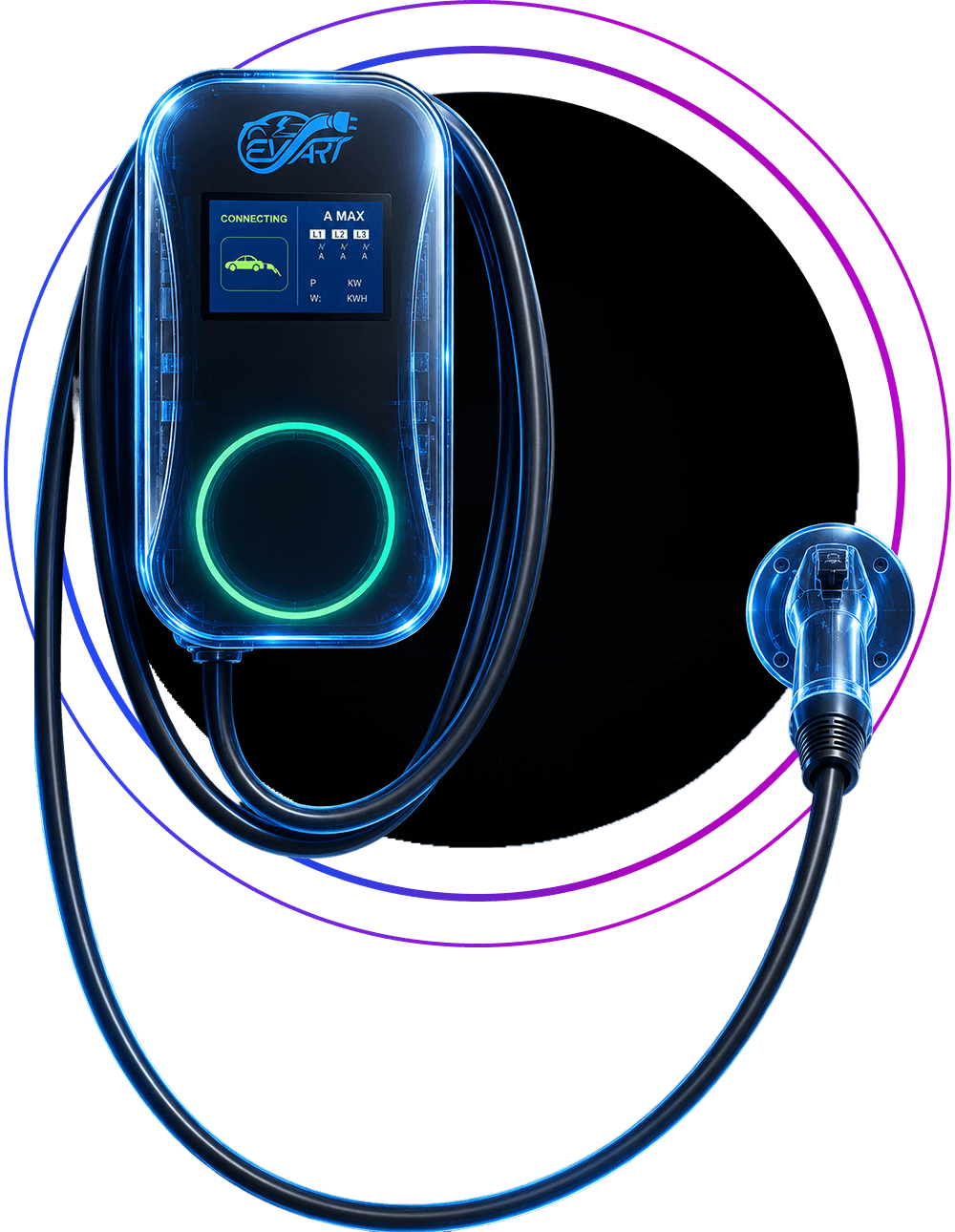 EV charger with connected cable and glowing orbital rings