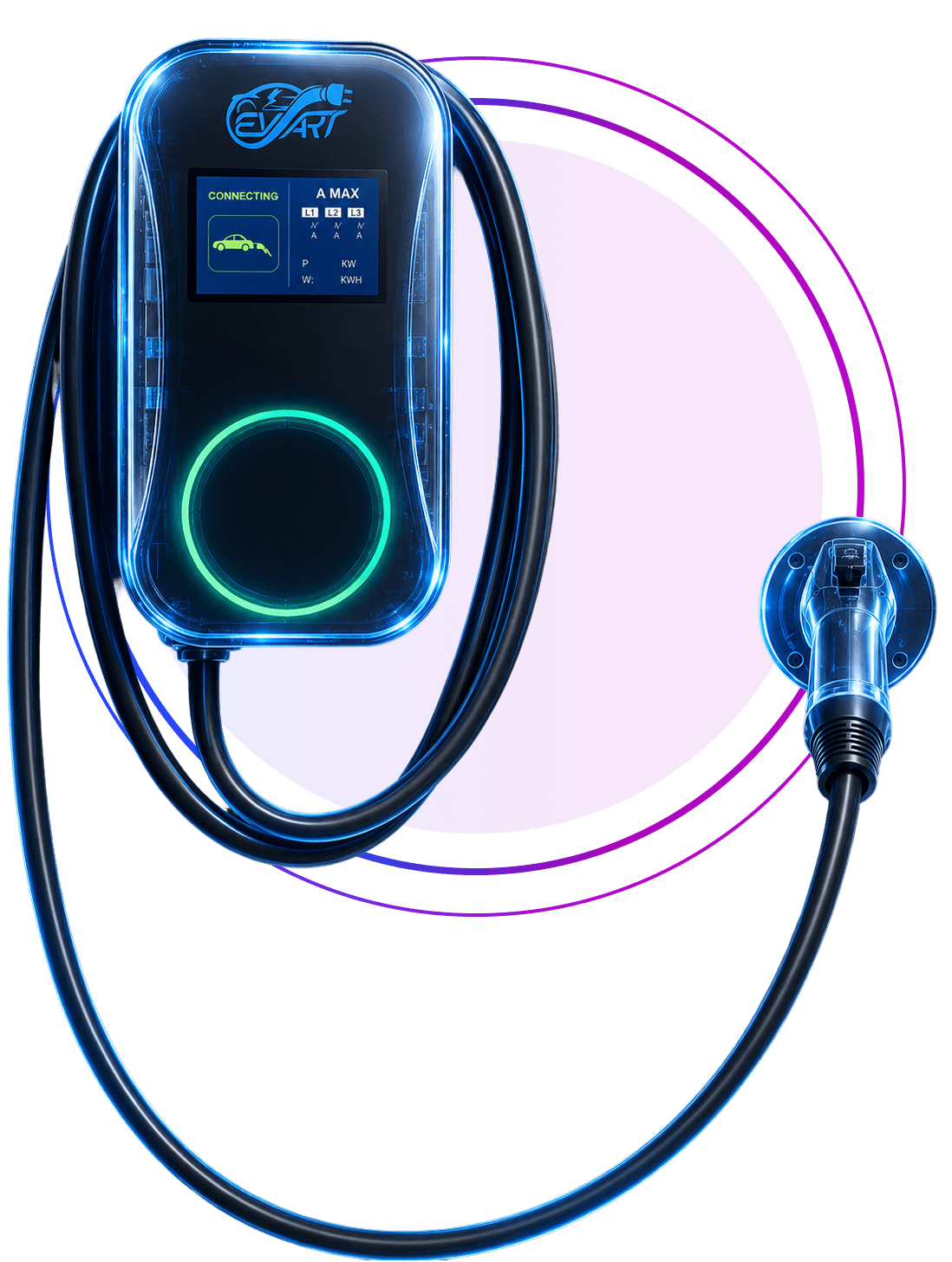 EV charger with connected cable and glowing orbital rings