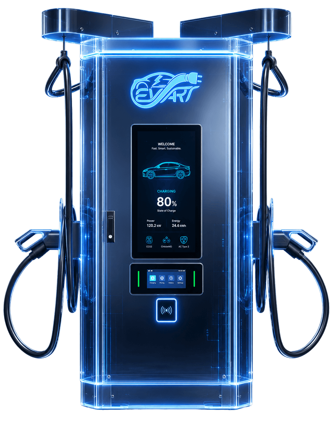 Dual-connector DC fast charging station showing an active 80% charging session